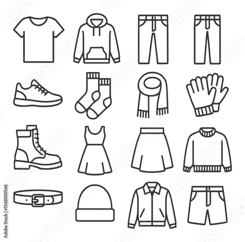 Fashion icon collection, clothing and apparel symbols. style and accessory design set