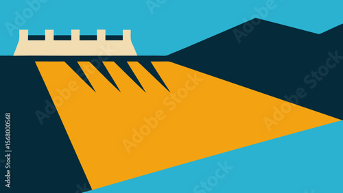 A Vector Illustration Of A Massive Dam Showing The Reservoir And The Powerhouse