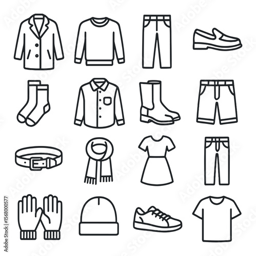Clothing icon collection: fashion and wardrobe design symbols. apparel and garment set