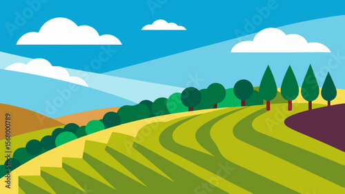 A Vector Landscape Of A Vineyard On A Sunny Hillside With Rows Of Grape Vines