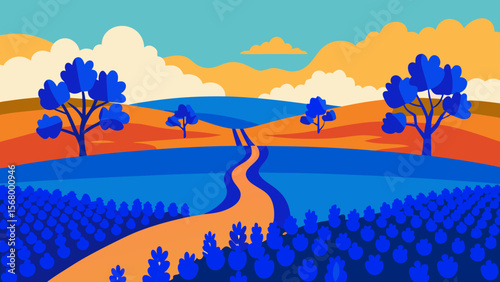 A Vibrant Vector Of A Field Of Bluebonnets In The Texas Hill Country At Sunset