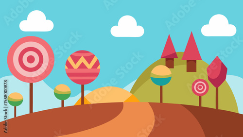 A Whimsical Cartoon Landscape Of A Candy Land With Lollipop Trees And A River