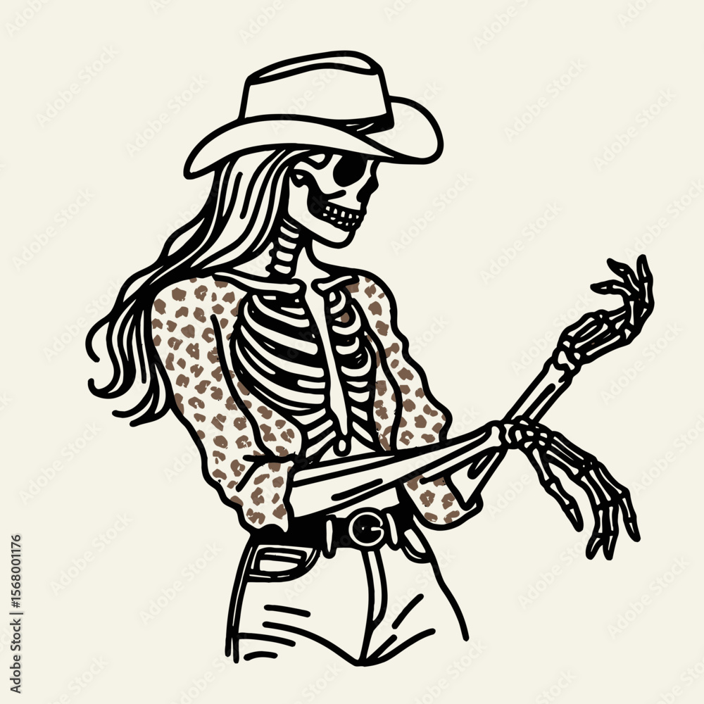 Fototapeta premium Cowgirl Female skeleton with leopard print Holding hands. Cowboy Western American Cartoon Animal Clipart Line Art Vector Illustration. .