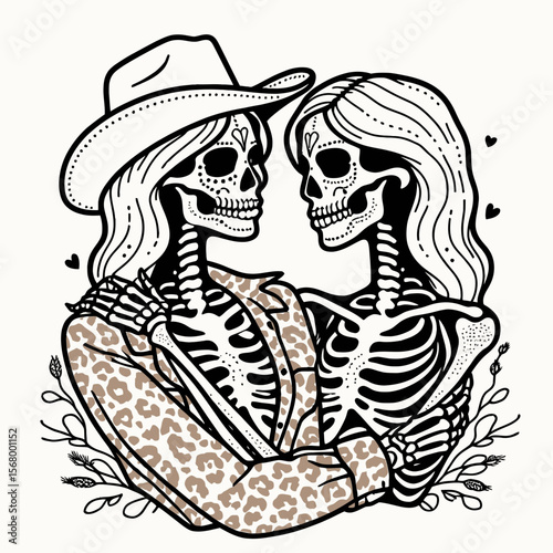 Cowgirl Female skeleton with leopard print Holding each others faces. Cowboy Western American Cartoon Animal Clipart Line Art Vector Illustration. lady bony figure wildcat pattern grasping.
