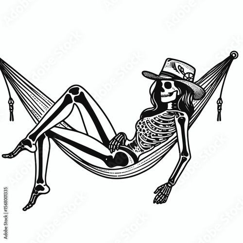 Cowgirl Female skeleton with leopard print Laying on a hammock. Cowboy Western American Cartoon Animal Clipart Line Art Vector Illustration. .