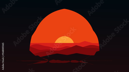 A Beautiful View Of The Setting Sun As Seen From Within A Dark Cave By The Ocean