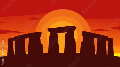 The Mystical Silhouette Of Ancient Ruins Like Stonehenge Against A Dramatic Sunset