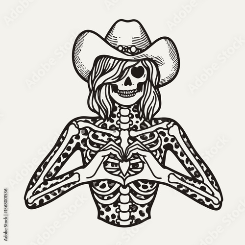Cowgirl Female skeleton with leopard print Making a heart shape hands together. Cowboy Western American Cartoon Animal Clipart Line Art Vector Illustration. .