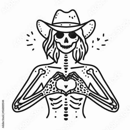 Cowgirl Female skeleton with leopard print Making a heart shape hands together. Cowboy Western American Cartoon Animal Clipart Line Art Vector Illustration. .