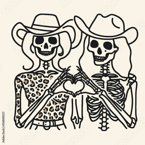 Cowgirl Female skeleton with leopard print Making a heart shape hands together. Cowboy Western American Cartoon Animal Clipart Line Art Vector Illustration. .