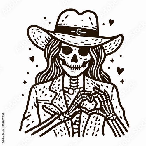 Cowgirl Female skeleton with leopard print Making a heart shape hands together. Cowboy Western American Cartoon Animal Clipart Line Art Vector Illustration. .