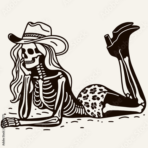 Cowgirl Female skeleton with leopard print lying yoga poses. Cowboy Western American Cartoon Animal Clipart Line Art Vector Illustration. girl bony figure in cat pattern reclined fitness.