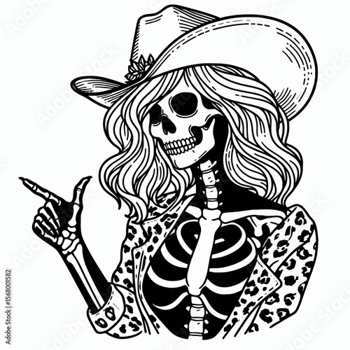 Cowgirl Female skeleton with leopard print making a thumb up gesture. Cowboy Western American Cartoon Animal Clipart Line Art Vector Illustration. girl bone figure spotted design doing.