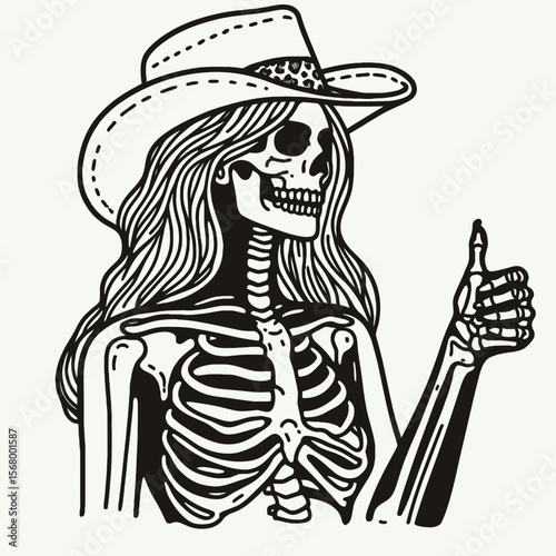 Cowgirl Female skeleton with leopard print making a thumb up gesture. Cowboy Western American Cartoon Animal Clipart Line Art Vector Illustration. gal bone figure in wildcat pattern doing.