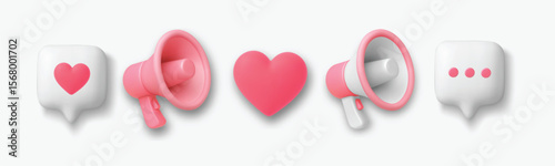 3d social media like icons. Realistic love symbols. Heart, speech bubble, pink megaphone, message. Online communication and reaction elements. Valentines Day. Vector set