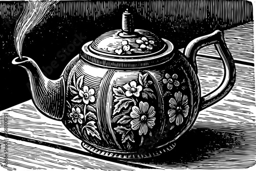 A steaming teapot with floral engravings, ideal for tea branding, cozy product design, or kitchen illustration vector a black and white line art illustration