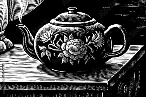 A steaming teapot with floral engravings, ideal for tea branding, cozy product design, or kitchen illustration vector a black and white line art illustration