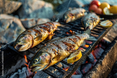 High Quality Picture of Trout Grill on Charcoal Fried Fish Trout on Coals,Trek Food