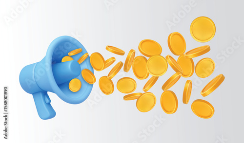 3d megaphone with coins. Loudspeaker with flying gold coin. Realistic blue bullhorn with scattered money. Marketing shopping elements. Vector concept