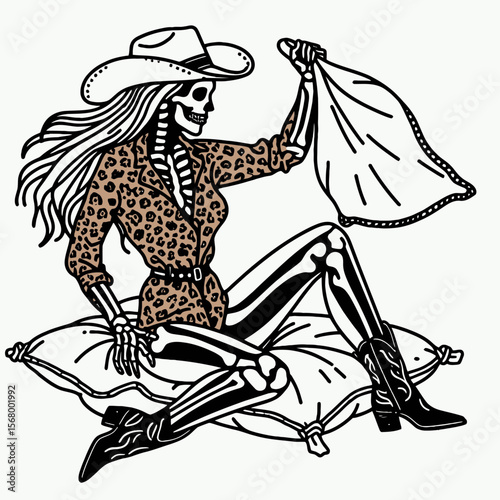 Cowgirl Female skeleton with leopard print Playful Pillow Fight. Cowboy Western American Cartoon Animal Clipart Line Art Vector Illustration. .