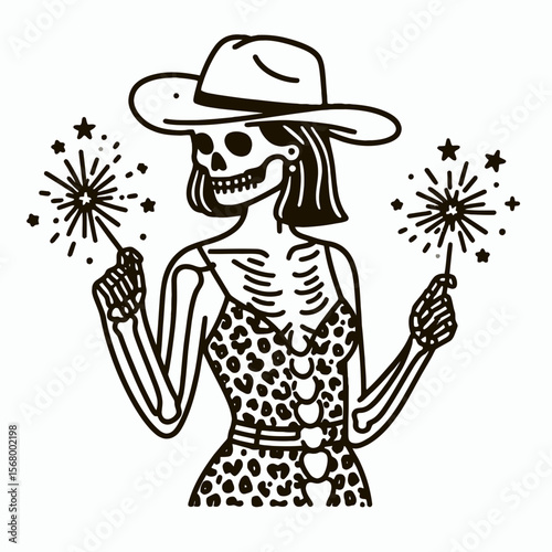 Cowgirl Female skeleton with leopard print Playing sparklers. Cowboy Western American Cartoon Animal Clipart Line Art Vector Illustration. gal bone figure in wildcat pattern enjoying light.