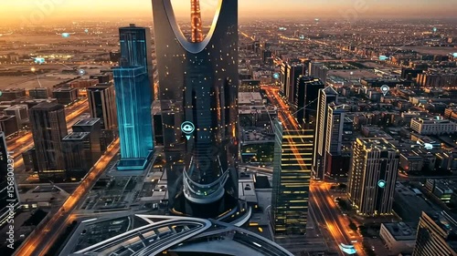 Futuristic Riyadh: Stunning Aerial View of a Smart City at Sunset with High-Tech Integration
