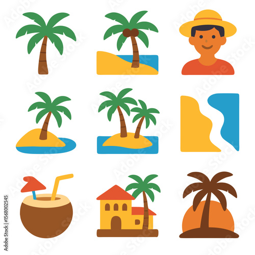 Coconut tree on a tropical beach with icon set featuring a relaxing person. Ideal for travel brochures, website banners, vacation advertisements.