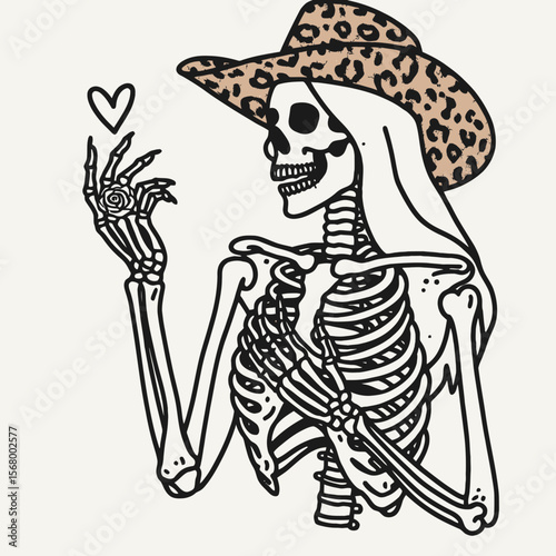 Cowgirl Female skeleton with leopard print Proposal Moment. Cowboy Western American Cartoon Animal Clipart Line Art Vector Illustration. woman bone figure wildcat pattern courtship event.