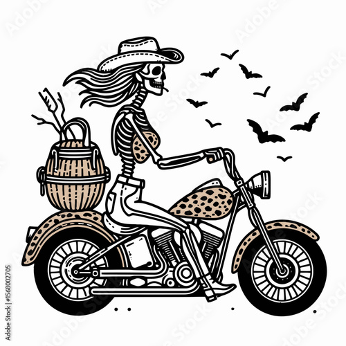 Cowgirl Female skeleton with leopard print ride cruiser motorcycle. Cowboy Western American Cartoon Animal Clipart Line Art Vector Illustration. .