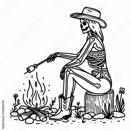 Cowgirl Female skeleton with leopard print roasting marshmallows. Cowboy Western American Cartoon Animal Clipart Line Art Vector Illustration. .