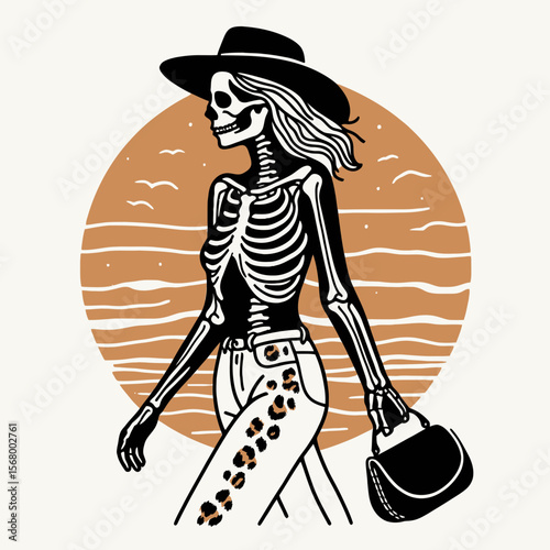 Cowgirl Female skeleton with leopard print Romantic Sunset Stroll. Cowboy Western American Cartoon Animal Clipart Line Art Vector Illustration. woman bony figure spotted pattern loving.