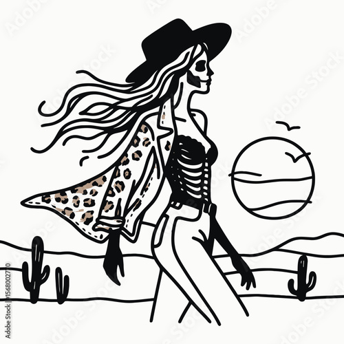 Cowgirl Female skeleton with leopard print Romantic Sunset Stroll. Cowboy Western American Cartoon Animal Clipart Line Art Vector Illustration. woman bony figure wildcat pattern love date.