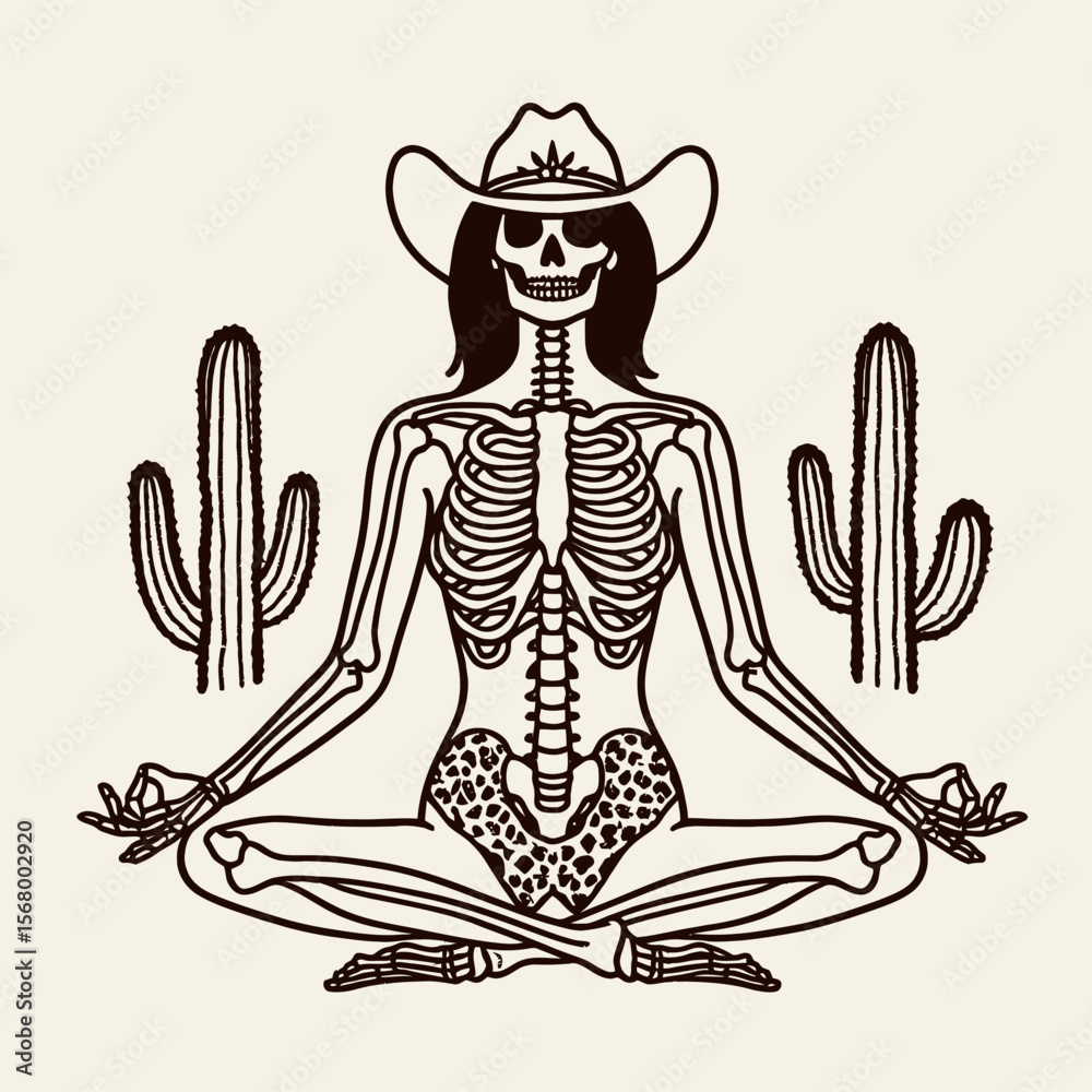 Obraz premium Cowgirl Female skeleton with leopard print sitting yoga poses. Cowboy Western American Cartoon Animal Clipart Line Art Vector Illustration. .