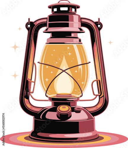 Vintage kerosene lantern with a warm glowing light and sparkling stars