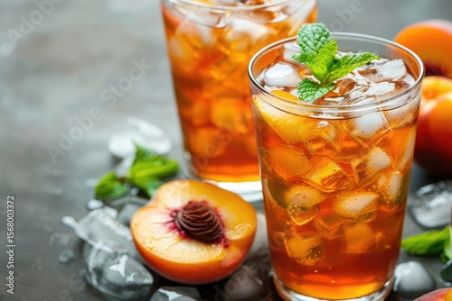 Sharp Picture of Glasses with Ice Tea with Mint and Peach