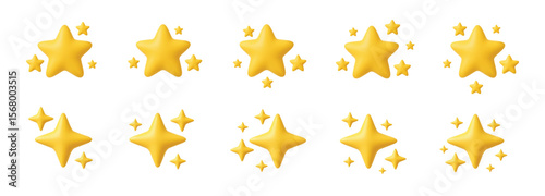 3d yellow stars. Realistic star composition. Soft decorative starry shapes. Floating star clusters, starbursts, sparkles, twinkle. Shining stars emoji. Cartoon vector star icons