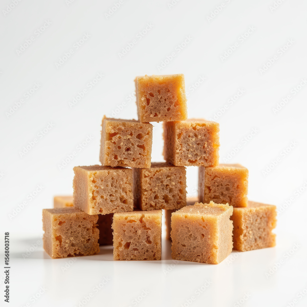 Delicious sweet cubes stacked in pyramid shape, showcasing soft texture and light brown color, perfect for desserts or snacks Delicious sweet cubes stacked in pyramid shape, showcasing soft texture and light brown color, perfect for desserts or snacks