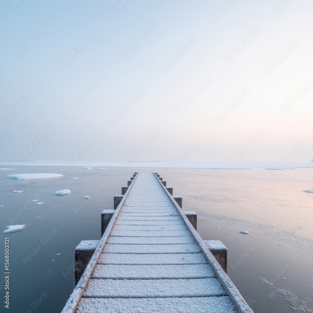 Obraz premium Serene winter scene featuring snow covered pier extending into calm, icy body of water under soft pastel sky