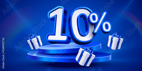 10 percent Off. Discount creative composition, mock up with podium and present boxes podium. Sale banner and poster. Vector