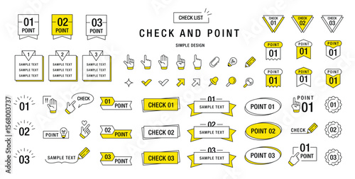 Simple check and point. Checkmarks and pointer icons. Japanese line minimalistic title frame, text speech bubble, frame, ribbon, banner, cursors, sticker. Notes elements. Vector set
