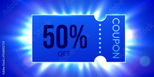 3d coupon, percent price off, with light effect. Gift voucher carousel for grand discount banner template. Vector illustration