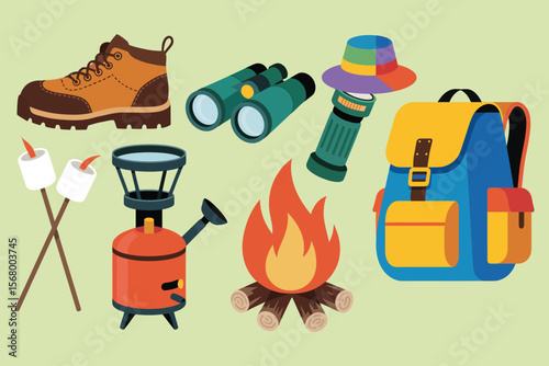 Collection of colorful camping gear and campfire with marshmallows on sticks