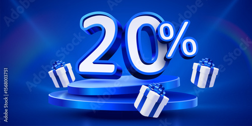 20 percent Off. Discount creative composition, mock up with podium and present boxes podium. Sale banner and poster. Vector