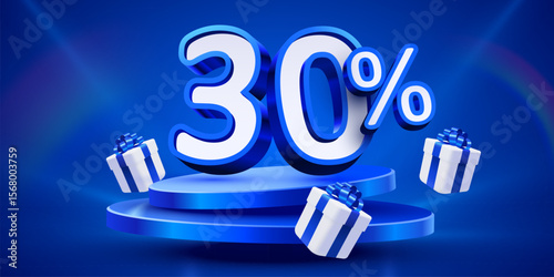 30 percent Off. Discount creative composition, mock up with podium and present boxes podium. Sale banner and poster. Vector