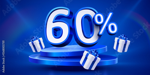 60 percent Off. Discount creative composition, mock up with podium and present boxes podium. Sale banner and poster. Vector