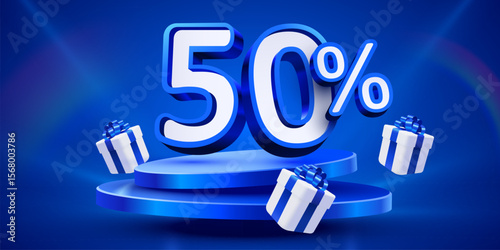 50 percent Off. Discount creative composition, mock up with podium and present boxes podium. Sale banner and poster. Vector