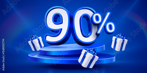 90 percent Off. Discount creative composition, mock up with podium and present boxes podium. Sale banner and poster. Vector