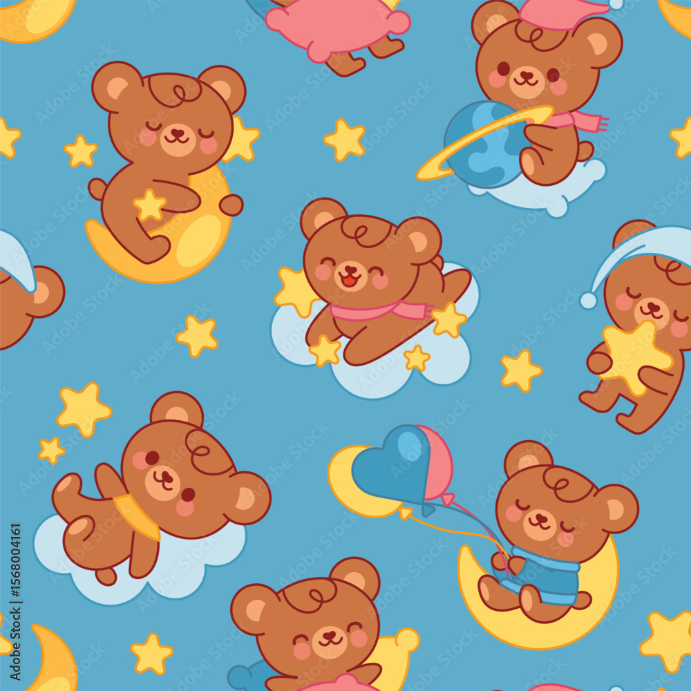 Fototapeta premium Cute bear pattern. Seamless background with little bears. Cartoon kids woodland teddy sitting and sleeping on moon, clouds, stars. Kawaii baby animals texture paper. Vector wallpaper