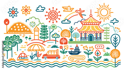 Line art illustration of a famous tourist attractions in Japan. Vector illustration