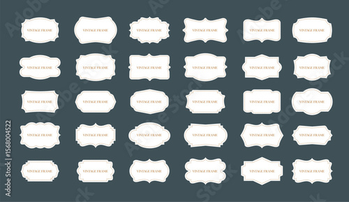 Vintage label frames. Ornamental borders. Retro decorative tags with calligraphic text. Old ornate classic elegance elements. Curved edges, symmetrical luxury premium patch. Vector set